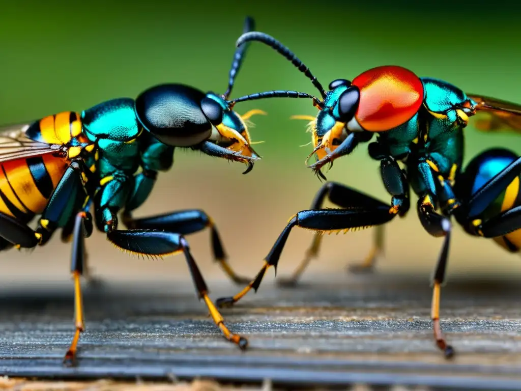 Diferencias en la defensa entre machos y hembras de insectos en feroz batalla con mandíbulas detalladas