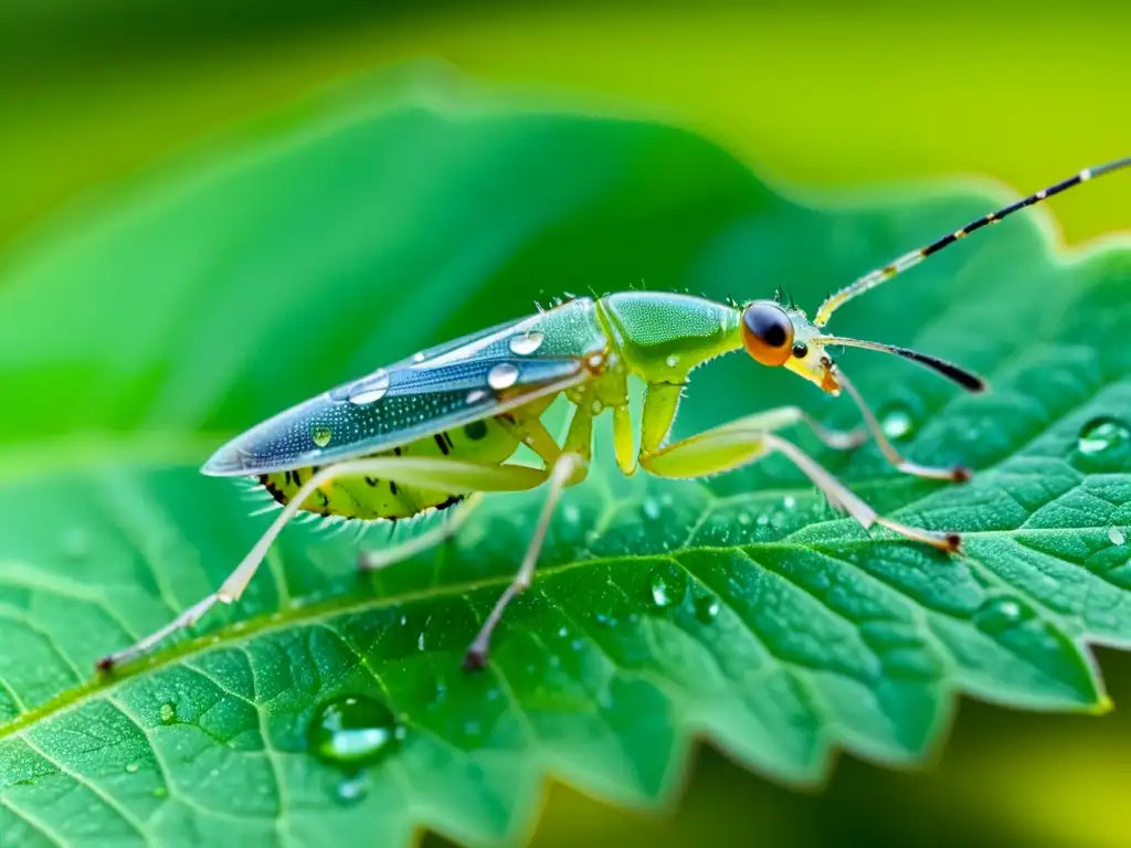 Un diminuto áfido verde se desplaza delicadamente sobre una hoja, mientras bebe néctar