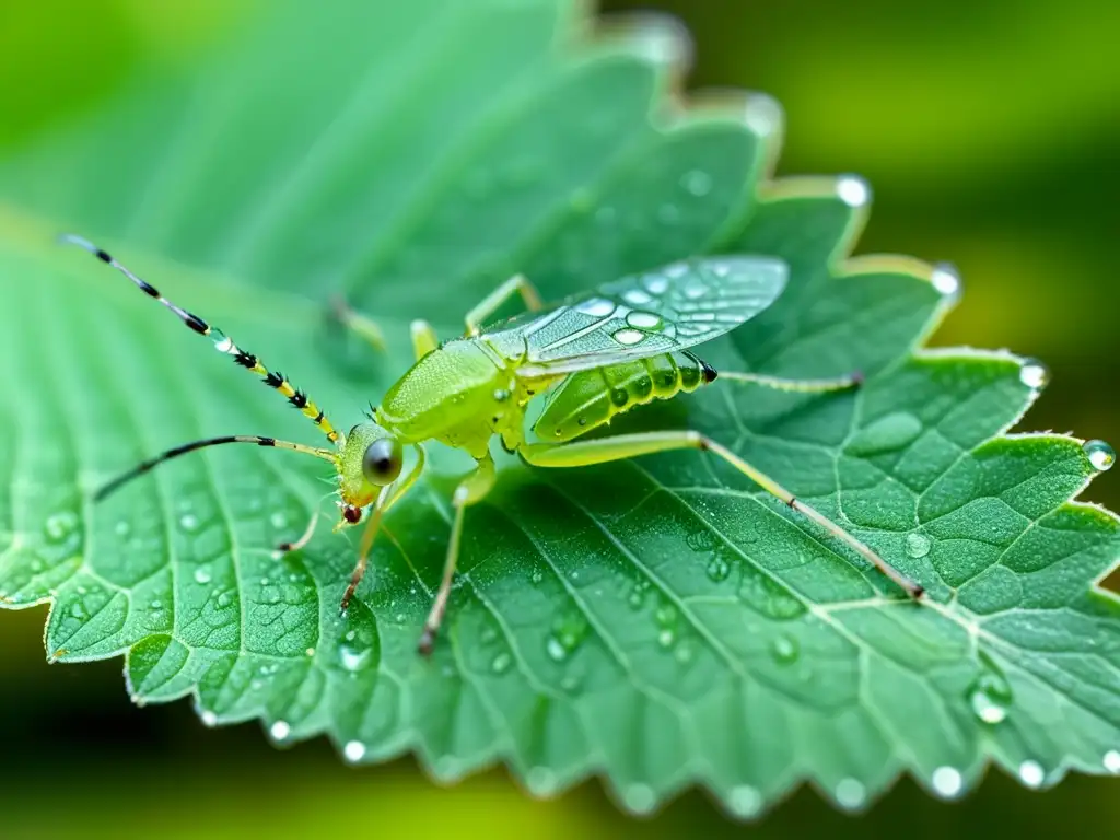 Un diminuto pulgón verde descansa sobre una hoja, con sus alas transparentes desplegadas y diminutas gotas de rocío en sus patas