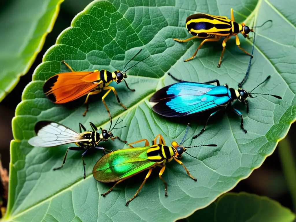 Dinámicas evolutivas en comunidades de insectos: una imagen detallada de una diversa comunidad de insectos en una hoja verde vibrante