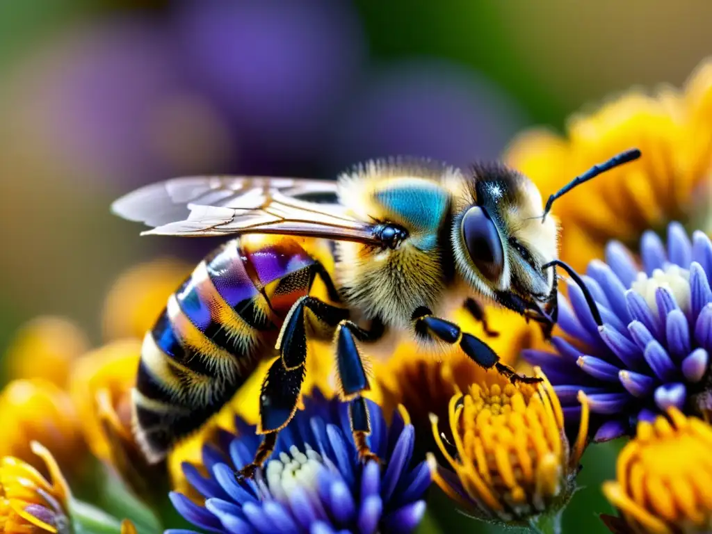 Diversidad de dietas de abejas: detalle colorido y vibrante de granos de polen en el cuerpo de una abeja entre flores