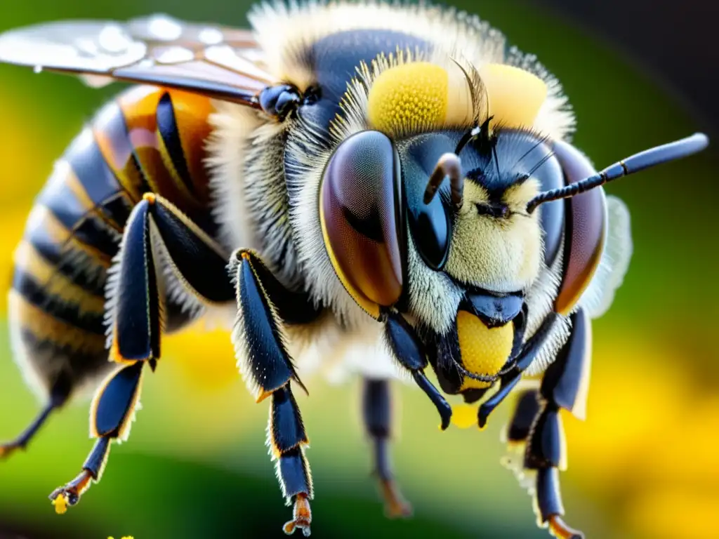 Diversidad genética en la polinización de las abejas, con detalle del polen y la delicada anatomía de la abeja en pleno vuelo entre flores coloridas