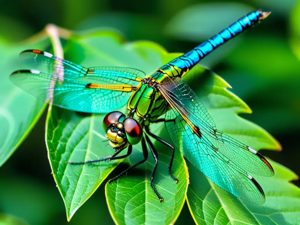 Un dragón verde y negro descansa en una hoja, sus alas despliegan un patrón iridiscente