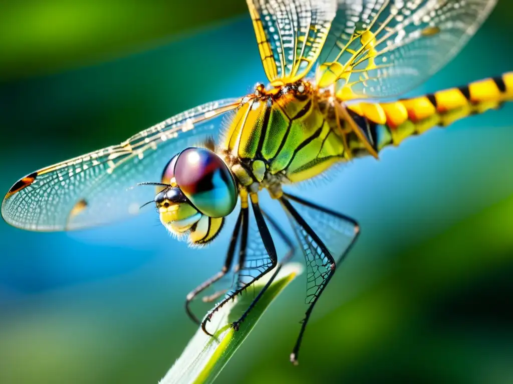 Una dragonfly en pleno vuelo, con sus alas translúcidas y su cuerpo iridiscente en primer plano, capturando la evolución del vuelo en insectos