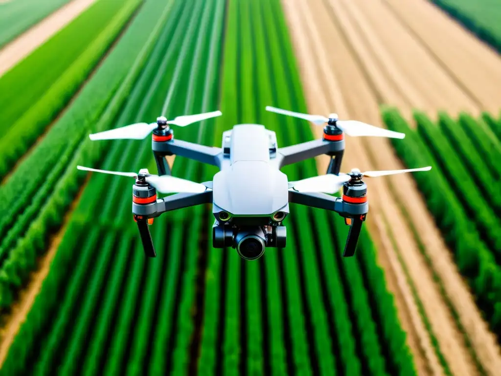 Un dron de alta tecnología con sensores avanzados sobrevuela un campo agrícola verde exuberante, mostrando la agricultura de precisión con drones