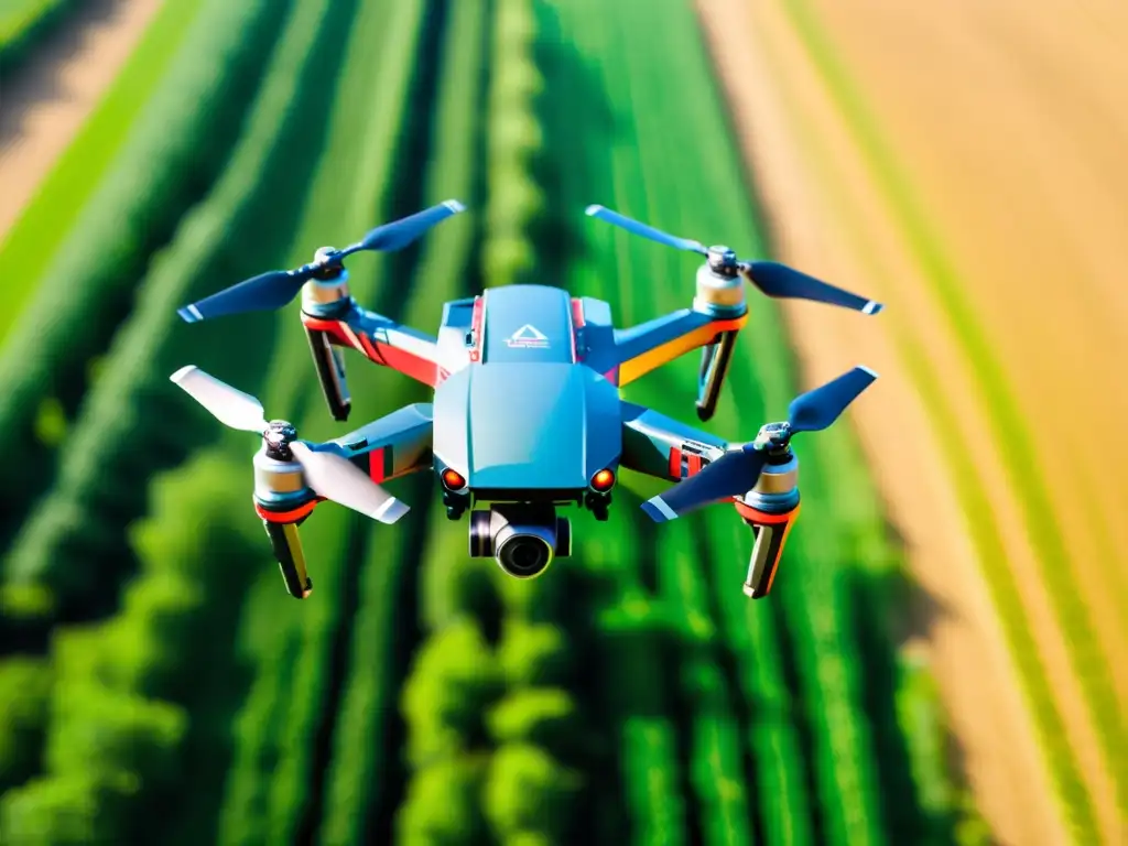 Un dron agrícola sobrevuela un campo verde vibrante, mostrando su tecnología avanzada para el manejo integrado de plagas en agricultura