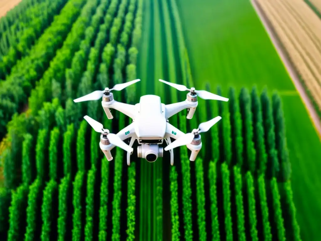 Un dron agrícola con precisión en el control de plagas, rociando pesticida sobre un verde campo de cultivos