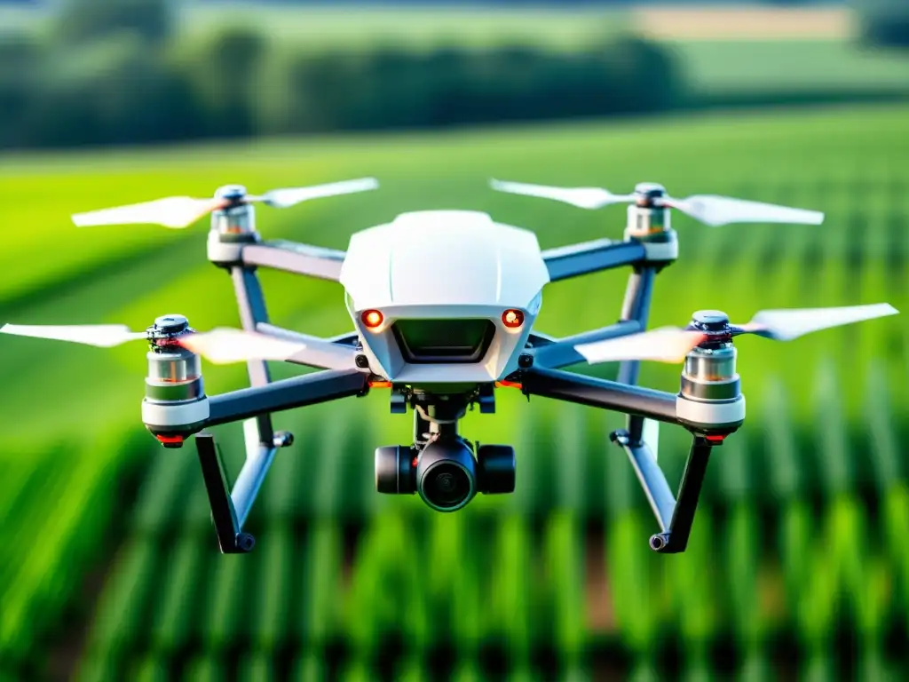 Un dron agrícola de alta tecnología sobrevuela un campo verde, destacando el control de plagas con drones agrícolas