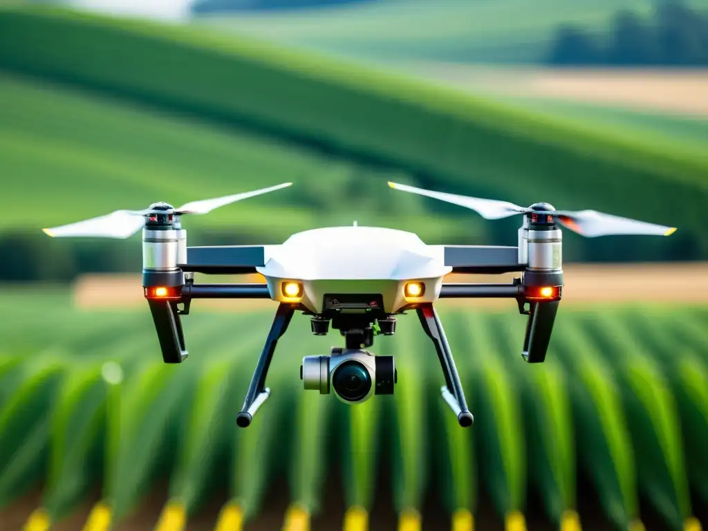 Un dron agrícola de alta tecnología muestra el manejo integrado de plagas en agricultura sobre un campo verde