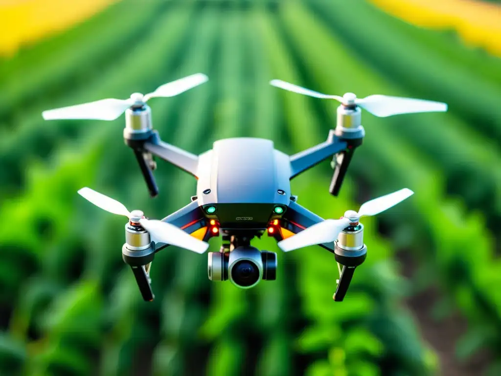 Un drone agrícola sobrevuela un campo de cultivo verde exuberante, destacando la tecnología avanzada para el control de plagas con drones agrícolas