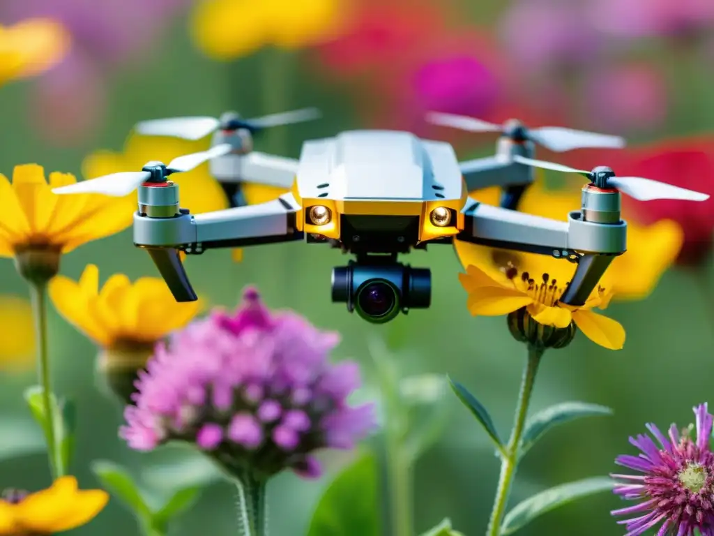 Un drone de polinización robótico en un campo de flores silvestres, demostrando innovaciones tecnológicas para conservación de insectos