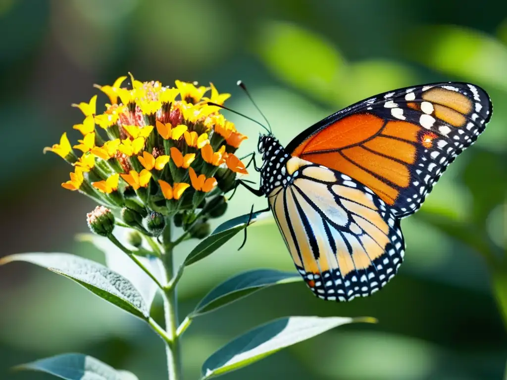 Un jardín para mariposas ecológico con una monarca en una flor de algodoncillo, bajo el cálido sol, muestra la belleza de la naturaleza