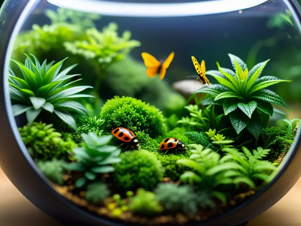 Un ecosistema de terrario en casa rebosante de vida: insectos y plantas vibrantes en una escena cautivadora de luz y sombra