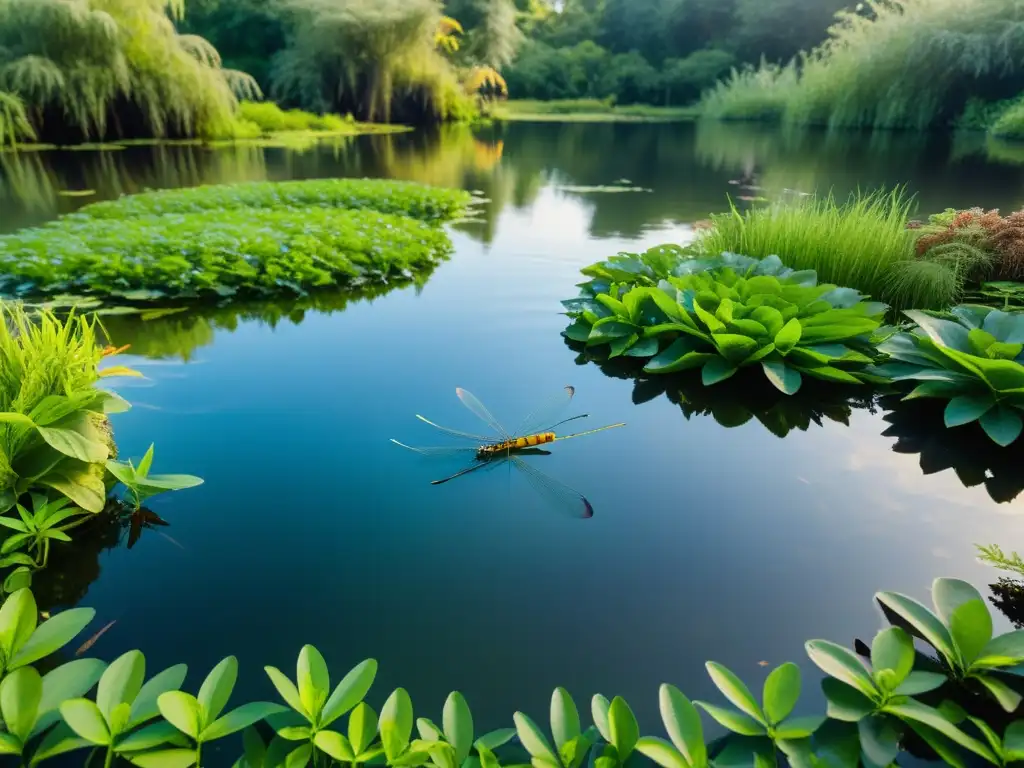 Un ecosistema único con insectos acuáticos, plantas y agua vibrante, capturando la belleza y biodiversidad de la naturaleza