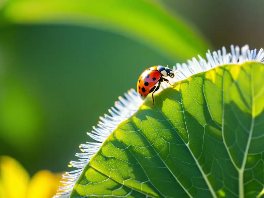 Un ecosistema vibrante con una mariquita en una hoja verde