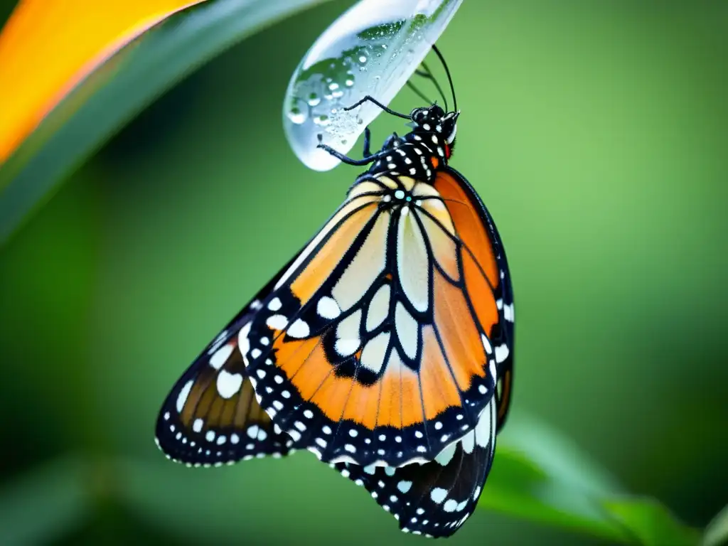 Emocionante crianza de mariposas en cautividad: una mariposa monarca emerge de su crisálida, desplegando sus delicadas alas naranjas y negras