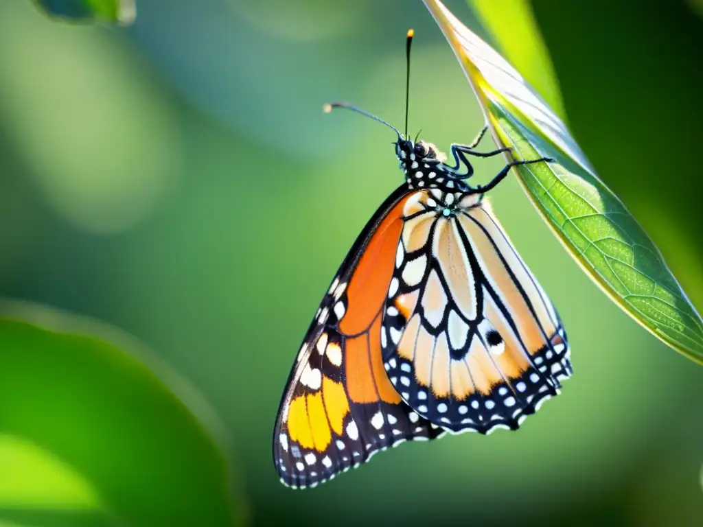 Emocionante transformación de una mariposa monarca emergiendo de su crisálida, desplegando sus alas frágiles bajo la luz del sol