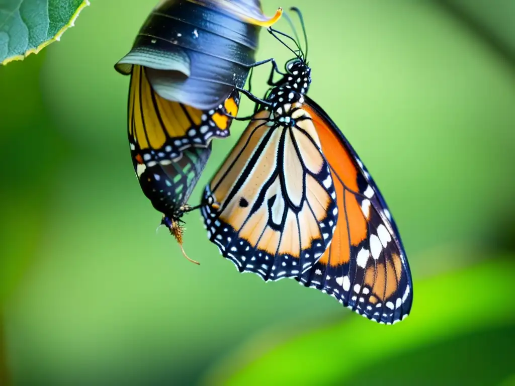 Emocionante metamorfosis de una mariposa monarca emergiendo de su crisálida