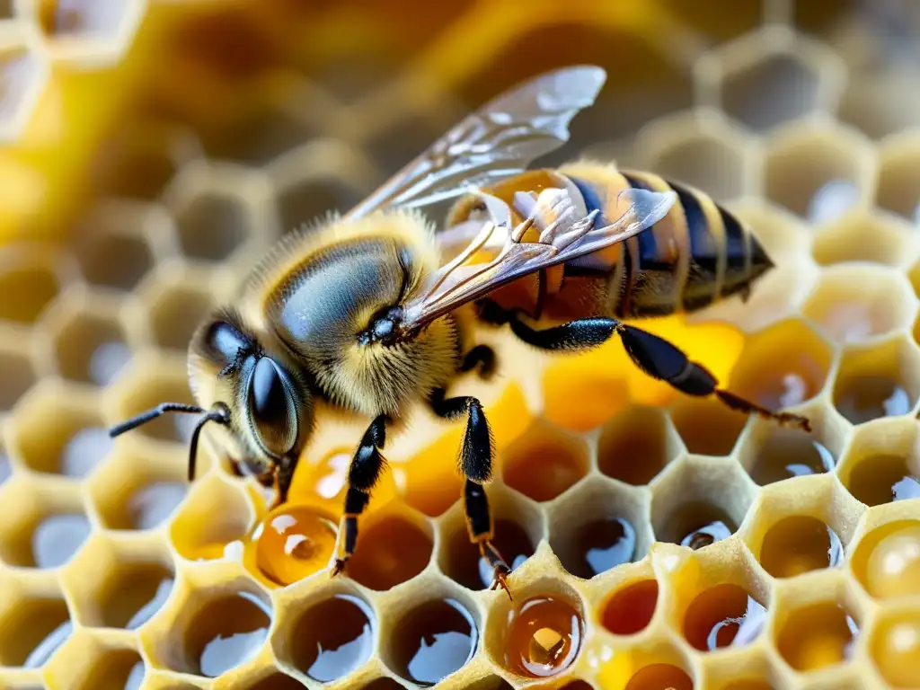 Emotivo ciclo vital de las abejas en la colmena: una abeja recién nacida emerge de su celda, con alas húmedas y cuerpo cubierto de miel