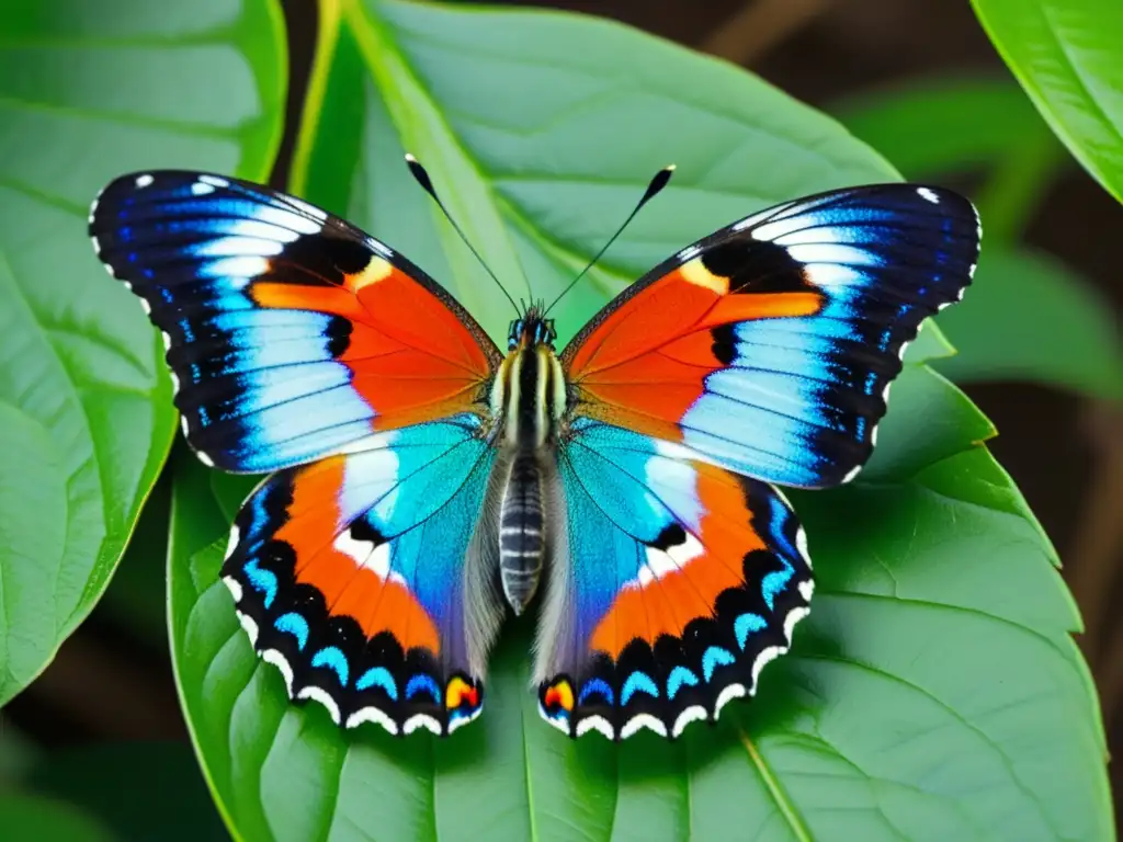 Mariposa endémica con patrón vibrante y delicadas alas iridiscentes posada en hoja verde