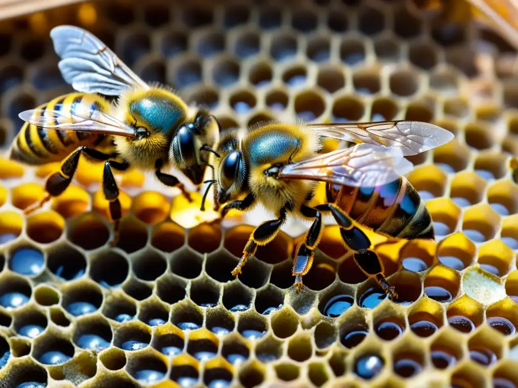 Un enjambre de abejas trabajadoras recolectando néctar y polen, con detalle en sus alas y ojos