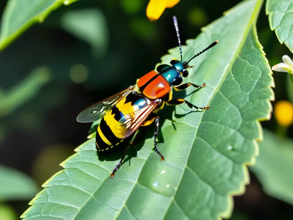 Un enjambre de coloridos insectos entre hojas y flores