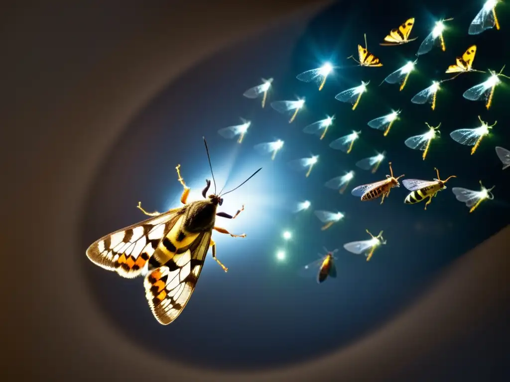 Un enjambre de insectos se agolpa alrededor de una intensa luz artificial en la oscuridad de la noche