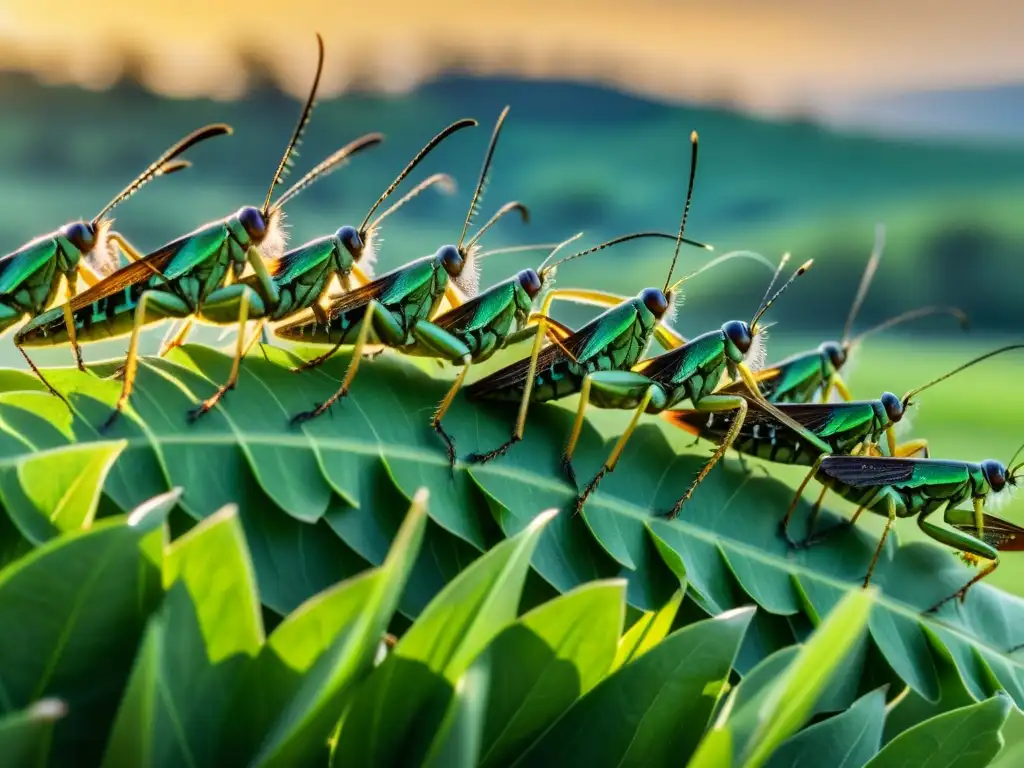 Un enjambre de langostas descendiendo sobre un campo agrícola verde exuberante, creando una sensación de devastación inminente