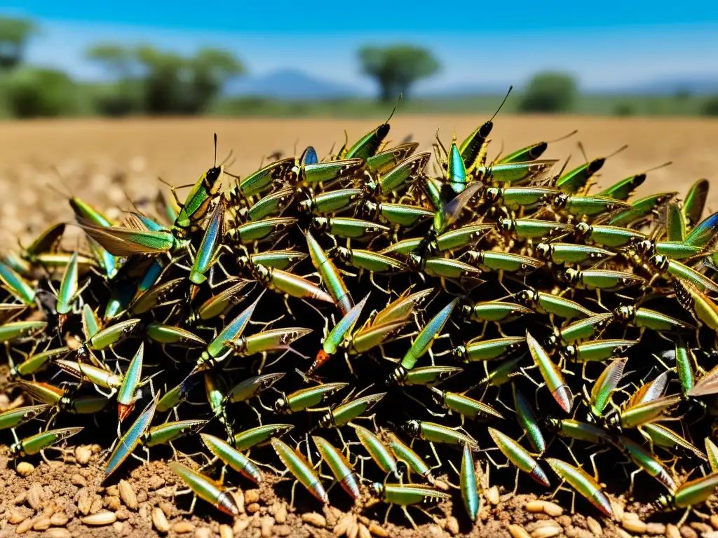 Un enjambre de langostas devora cultivos en un campo, con sus alas y cuerpos brillando iridiscentemente