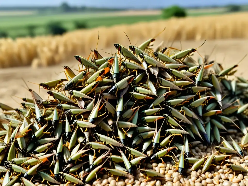 Un enjambre de langostas devora los cultivos en un campo rural