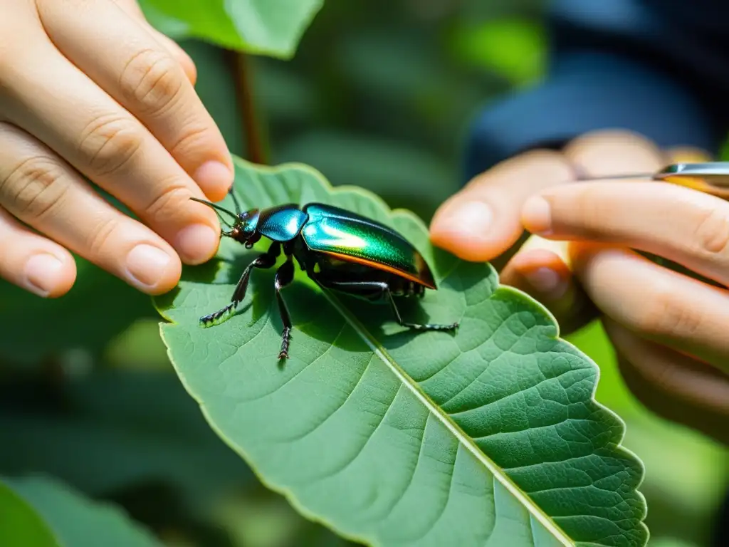 Un entomólogo recoge con cuidado un delicado escarabajo iridiscente de una hoja verde vibrante en un bosque soleado