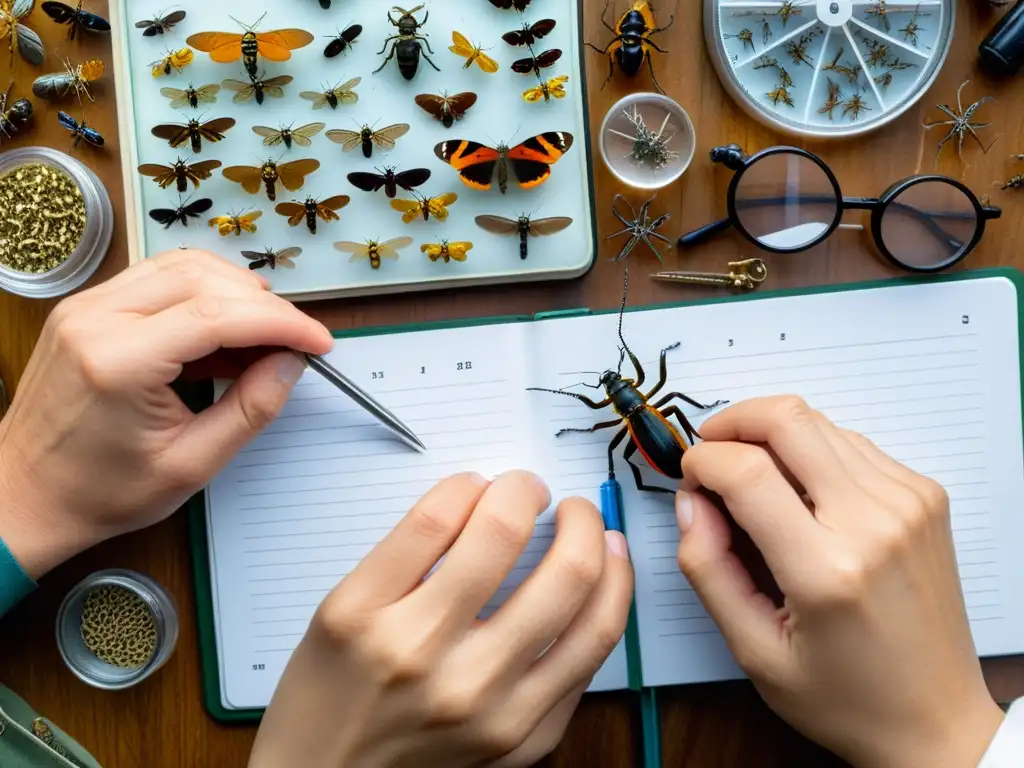 Un entomólogo ajusta con cuidado un insecto en su colección, rodeado de equipos de campo para entomólogos