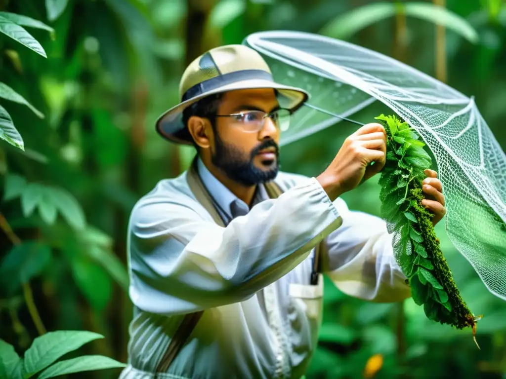 Un entomólogo profesional usa la mejor red entomológica para expediciones en la exuberante jungla, capturando insectos con destreza