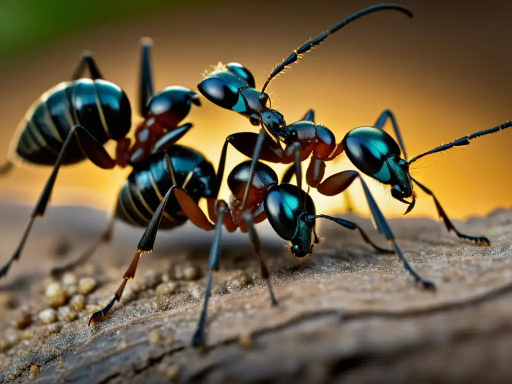 Un equipo de astutos insectos cazadores, como un grupo de hormigas trabajando juntas para capturar presas