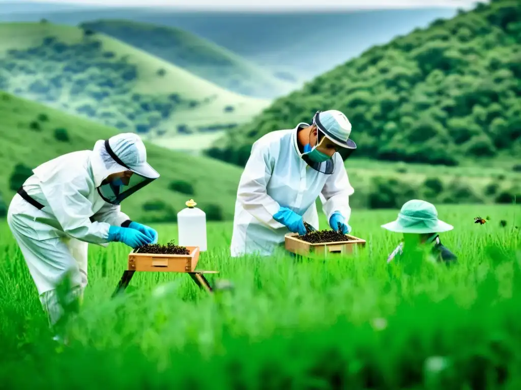 Un equipo de entomólogos montando trampas para insectos en un campo exuberante