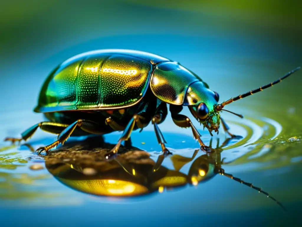 Un escarabajo acuático (Dytiscidae) navega en aguas cristalinas, mostrando la belleza de los insectos amenazados en ecosistemas de agua dulce