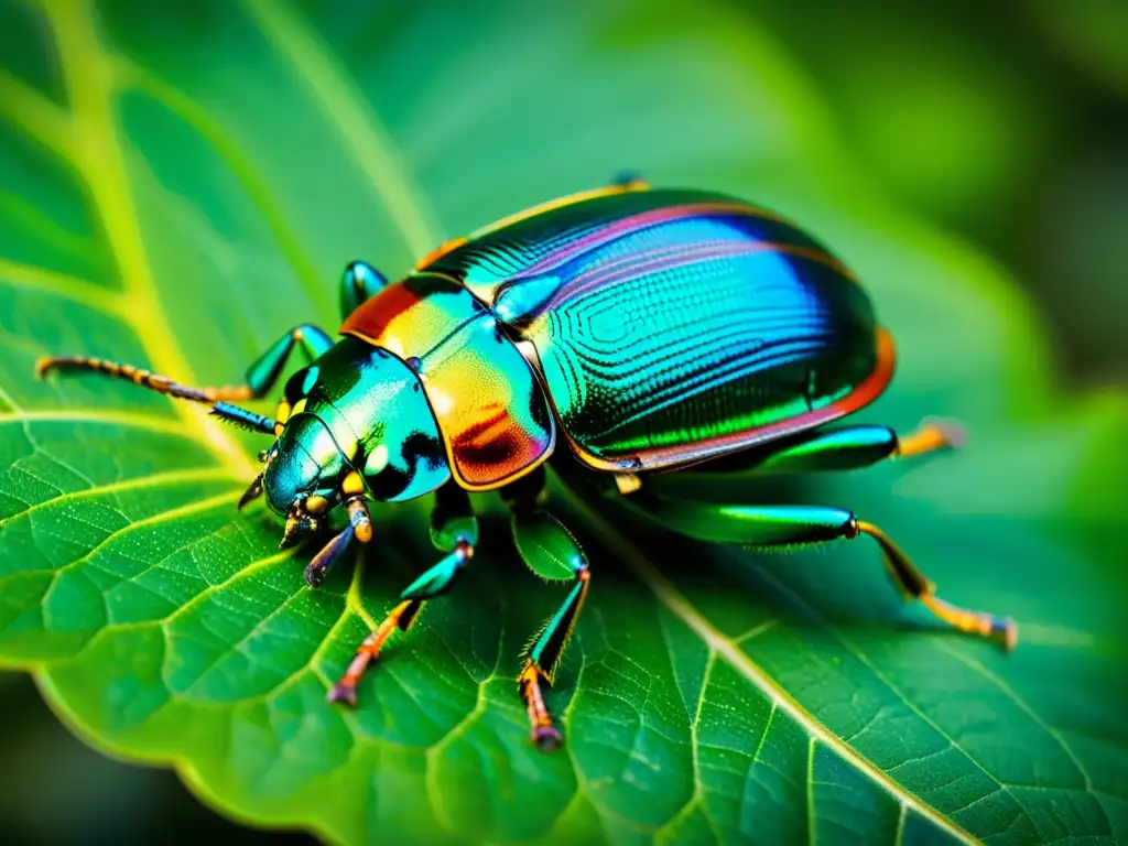 Un escarabajo de colores vibrantes descansa sobre una hoja verde, mostrando sus detalles microscópicos