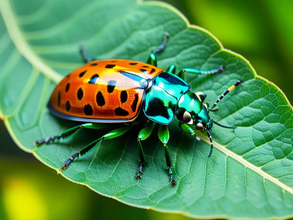 Un escarabajo colorido en una hoja verde brillante, mostrando detalles fascinantes