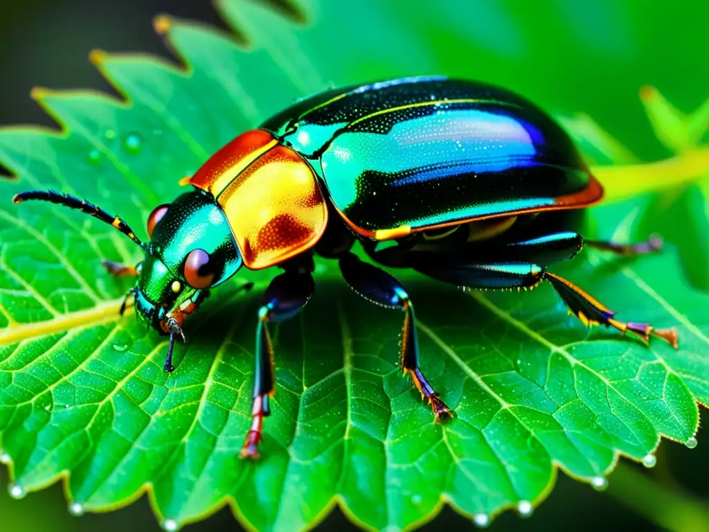 Un escarabajo colorido descansa en una hoja verde, con detalles de su exoesqueleto iridiscente y ojos compuestos