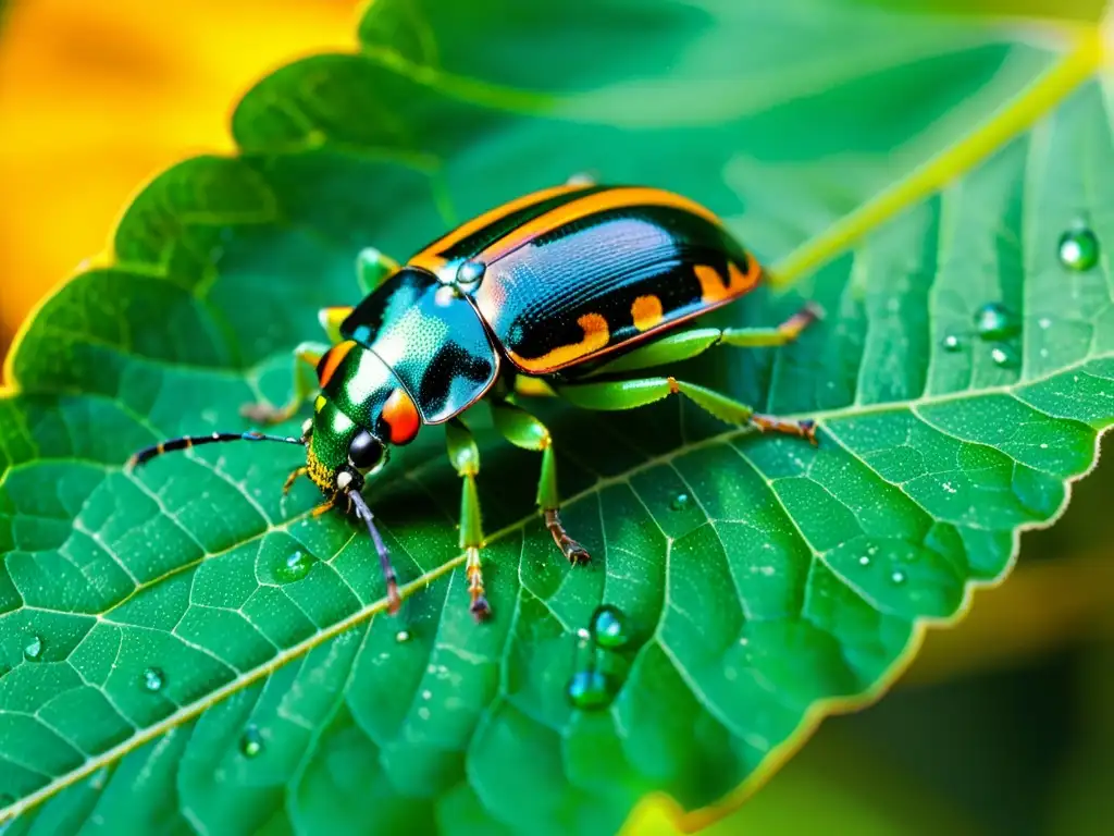 Un escarabajo colorido en una hoja verde vibrante, con gotas de agua y sombras de la luz del sol