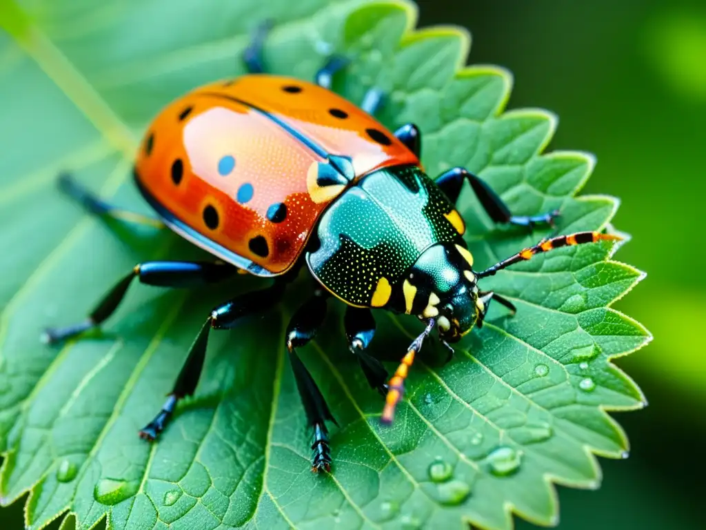 Un escarabajo colorido descansa en una hoja verde con gotas de rocío, mostrando la importancia de la simbiosis en insectos