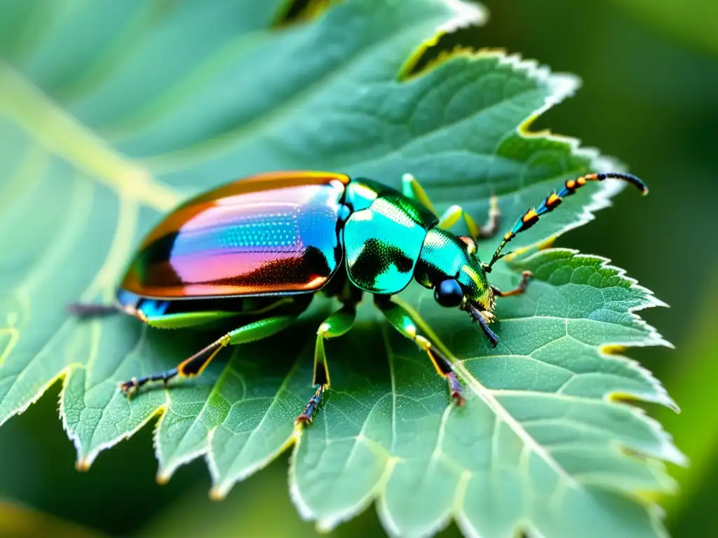 Un escarabajo colorido posado en una hoja, con detalles de sus alas iridiscentes y delicadas patas