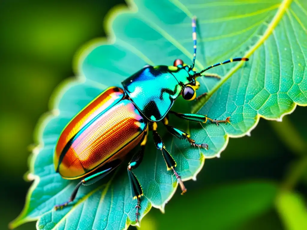 Un escarabajo colorido posado en una hoja verde, mostrando sus detalles y colores iridiscentes