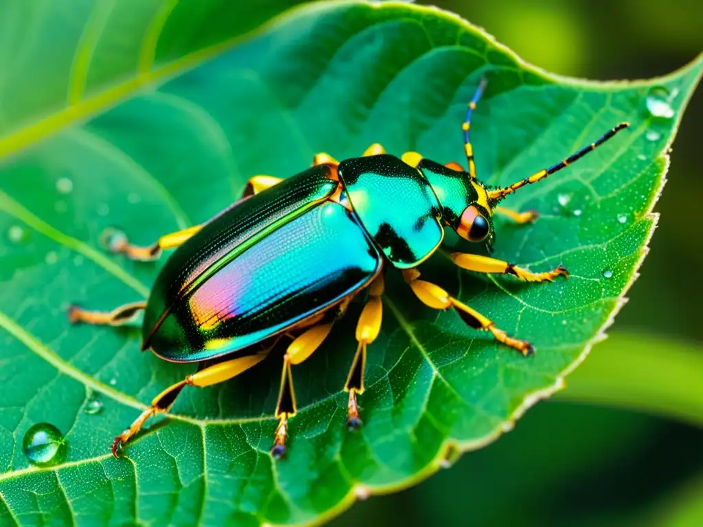 Un escarabajo colorido posado en una hoja verde vibrante, mostrando sus detalles y el entorno natural