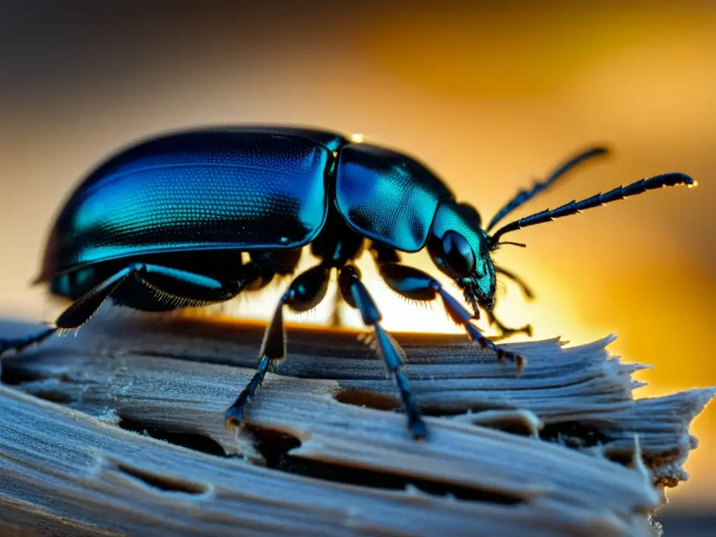 Un escarabajo Eleodes obscurus en el desierto, con su exoesqueleto detallado y finos vellos iridiscentes