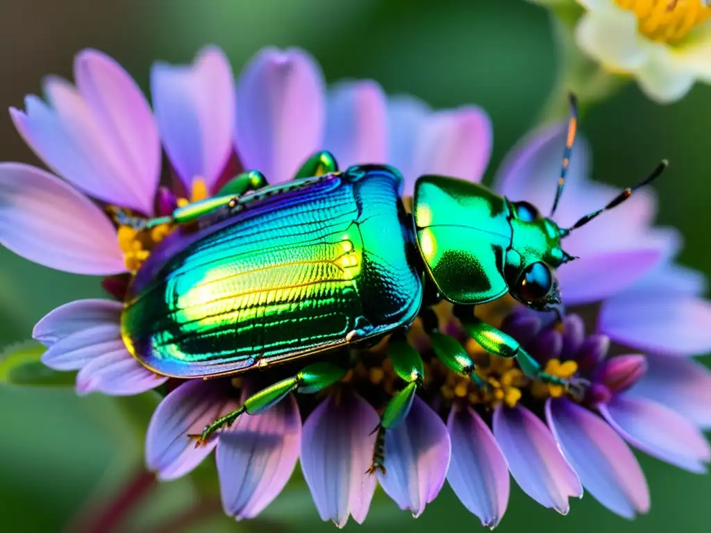 Un escarabajo escarabajo metálico verde iridiscente descansa sobre una flor morada