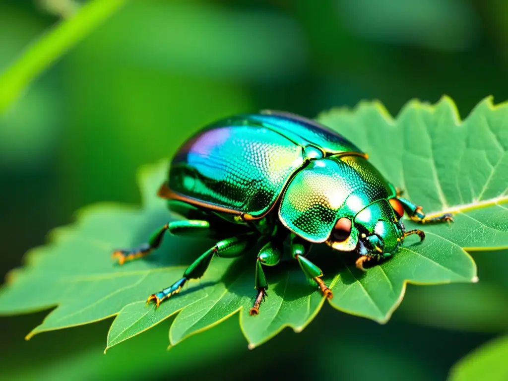 Un escarabajo escarabajo verde metálico vibrante descansa sobre una hoja, con su caparazón iridiscente reflejando la luz del sol entre la vegetación