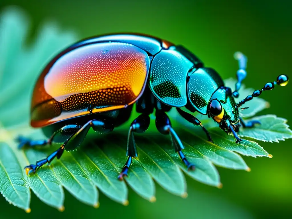 Un escarabajo hoja (Chrysomelidae) cubierto de gotas de líquido iridiscente, resaltando sus defensas pasivas para evitar depredadores