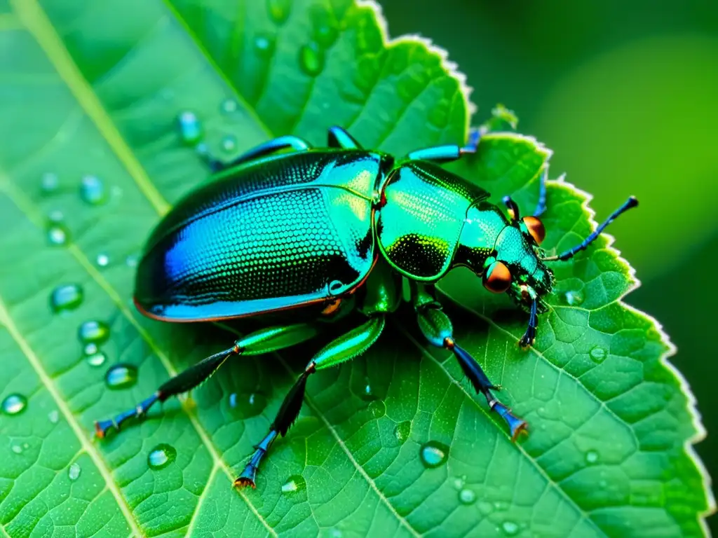 Un escarabajo iridiscente en detalle, con su exoesqueleto reflejando la luz en patrones intrincados sobre una hoja verde