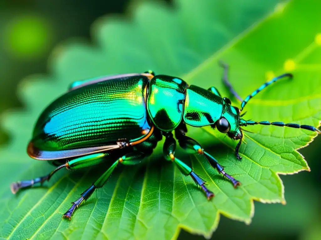 Un escarabajo iridiscente en detalle sobre una hoja, con exoesqueleto y alas brillantes